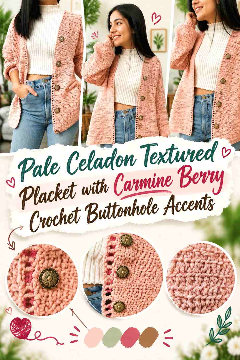 Pale Celadon Textured Placket with Carmine Berry Crochet Buttonhole Accents