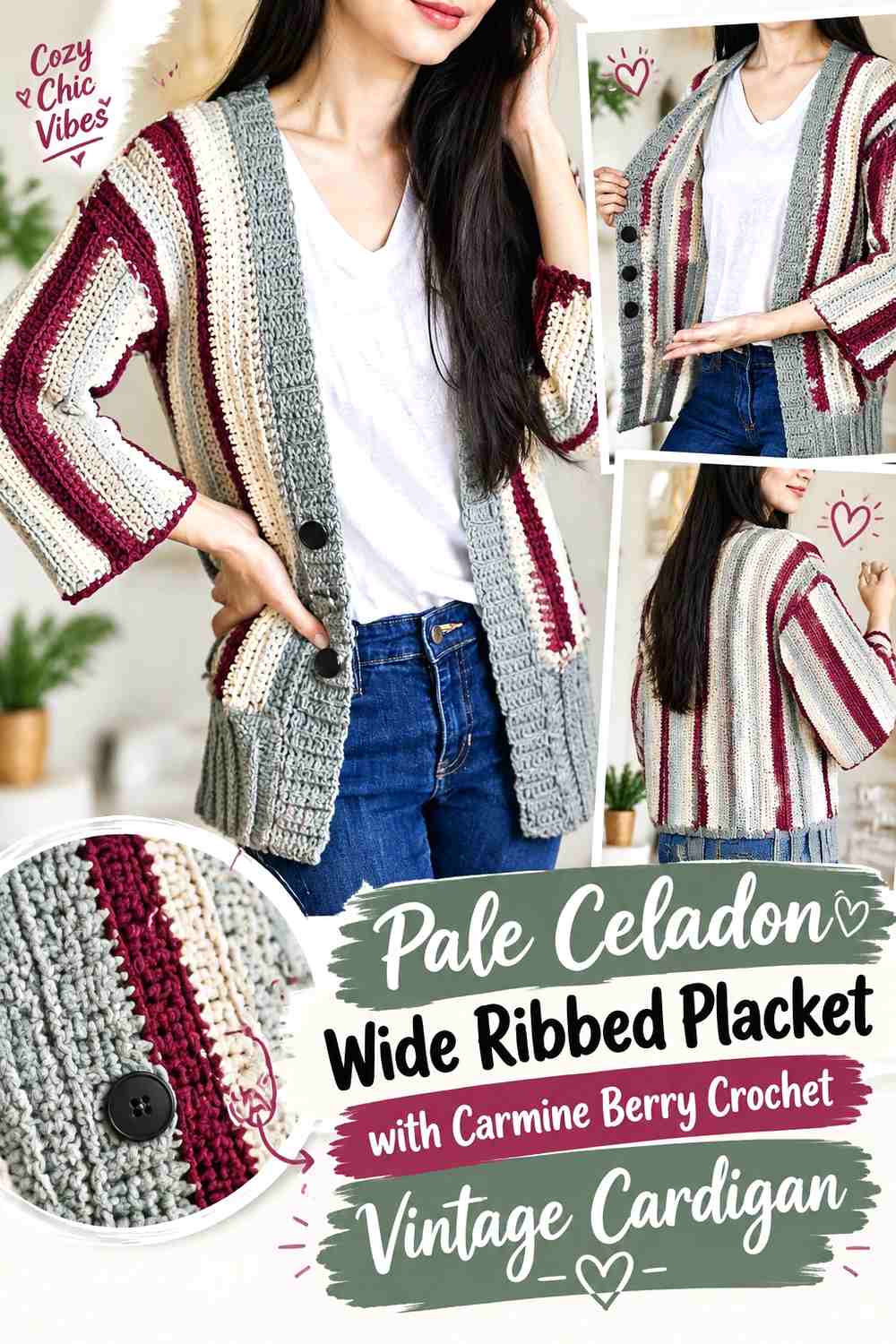 Pale Celadon Wide Ribbed Placket with Carmine Berry Crochet Vintage Cardigan