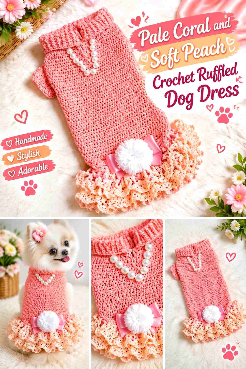 Pale Coral and Soft Peach Crochet Ruffled Dog Dress