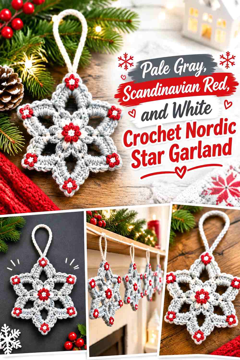Pale Gray, Scandinavian Red, and White Crochet Nordic Star Garland
