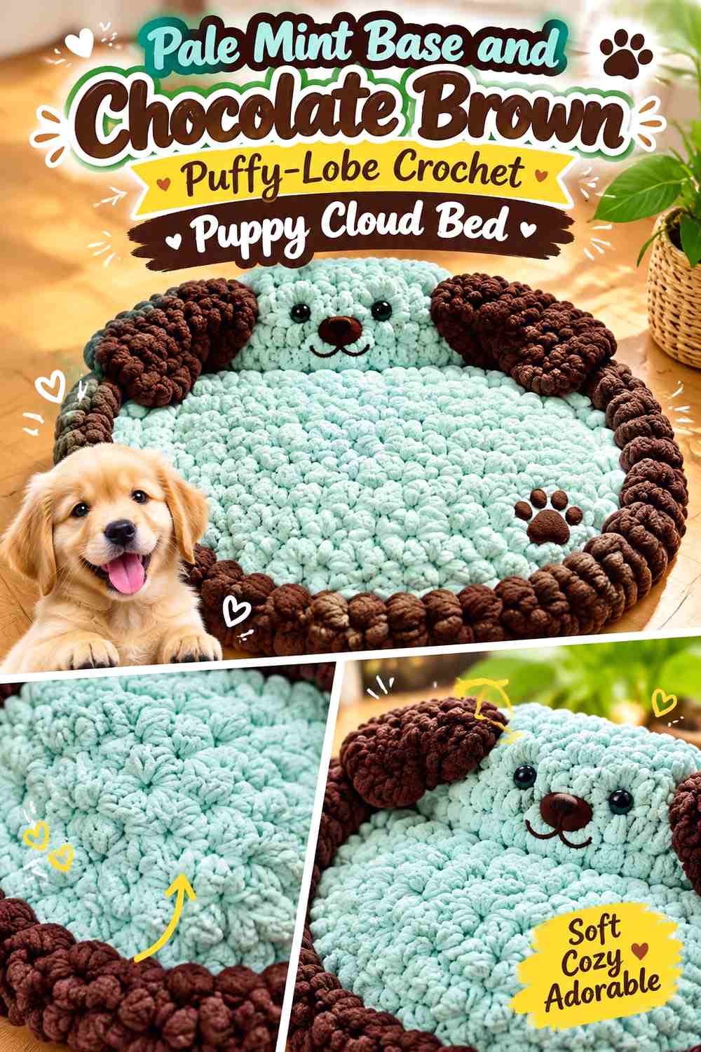 Pale Mint Base and Chocolate Brown Puffy-Lobe Crochet Puppy Cloud Bed