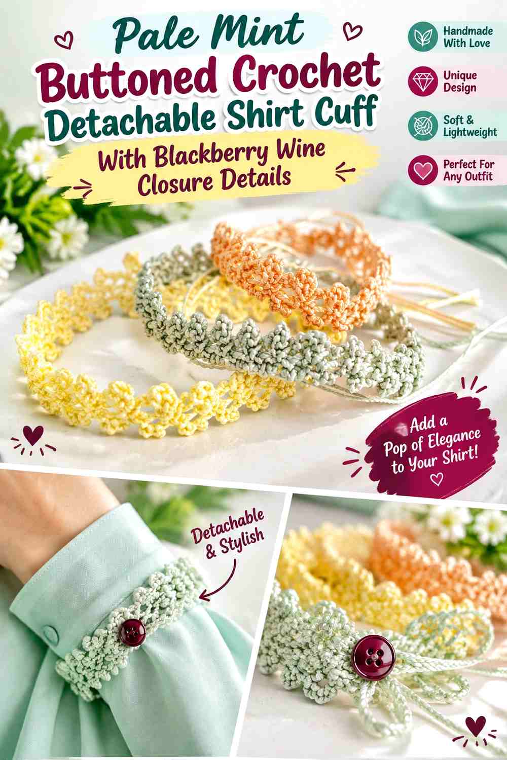 Pale Mint Buttoned Crochet Detachable Shirt Cuff With Blackberry Wine Closure Details