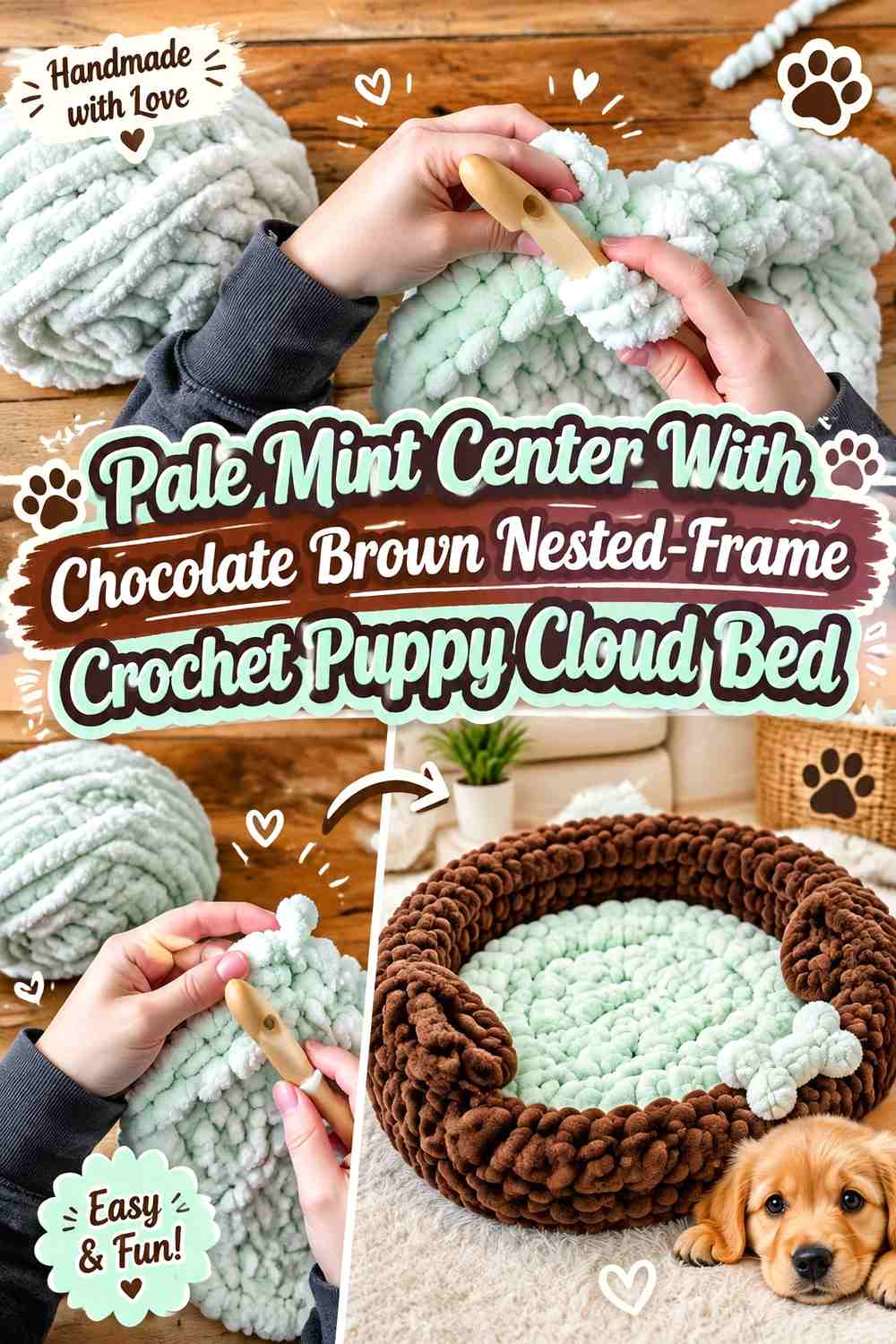 Pale Mint Center With Chocolate Brown Nested-Frame Crochet Puppy Cloud Bed