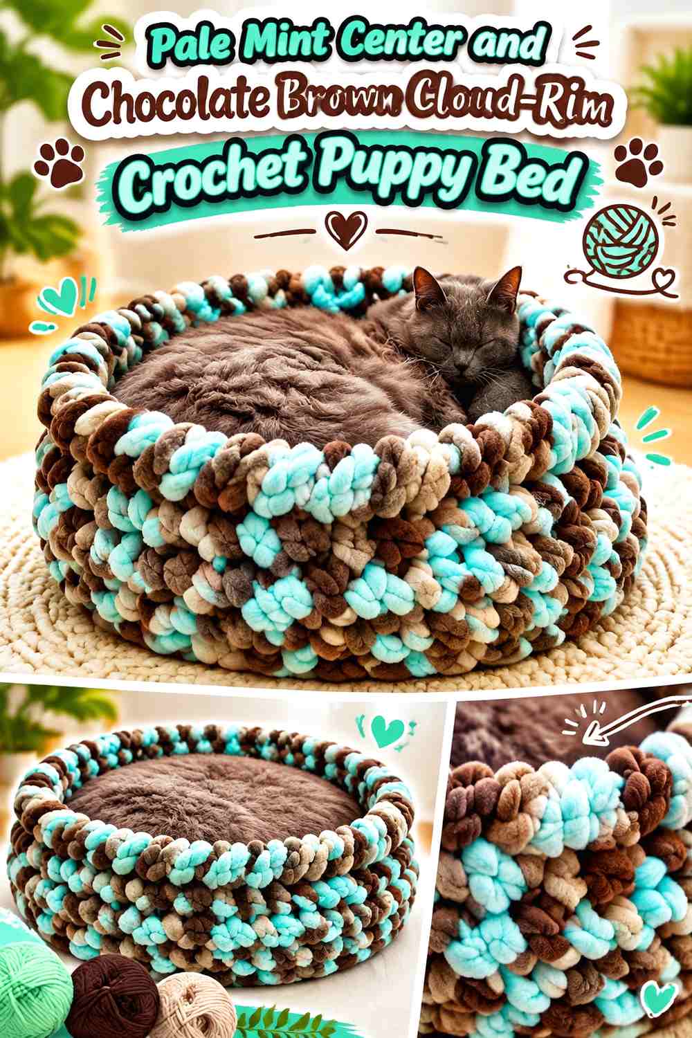 Pale Mint Center and Chocolate Brown Cloud-Rim Crochet Puppy Bed