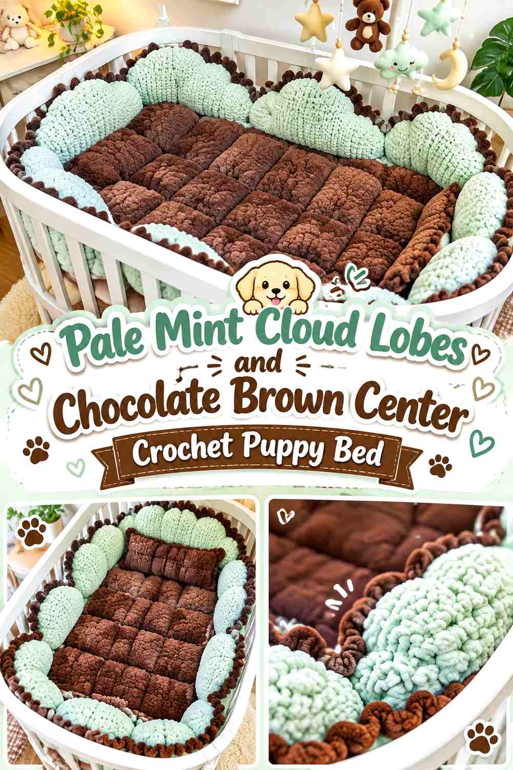 Pale Mint Cloud Lobes and Chocolate Brown Center Crochet Puppy Bed