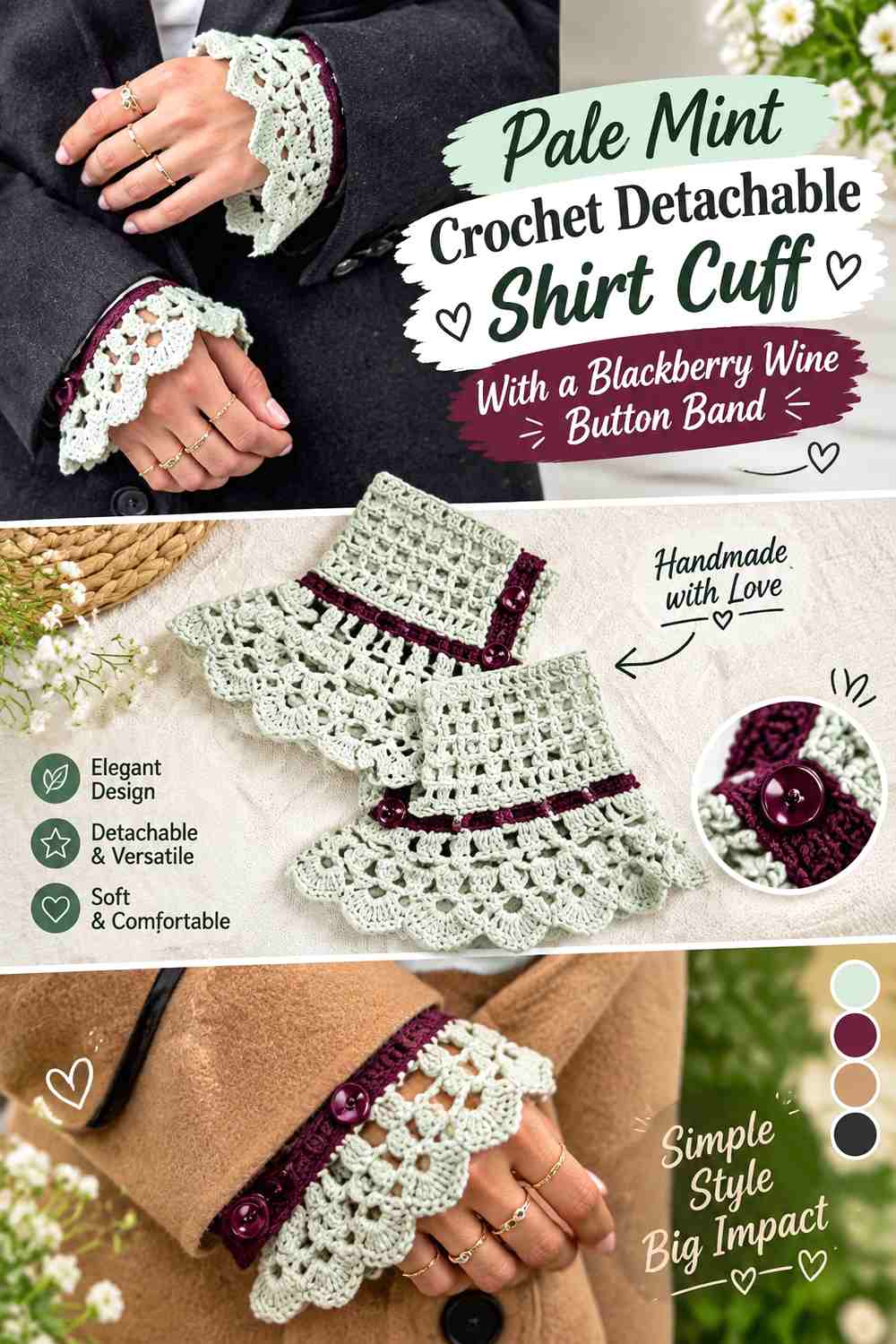 Pale Mint Crochet Detachable Shirt Cuff With a Blackberry Wine Button Band