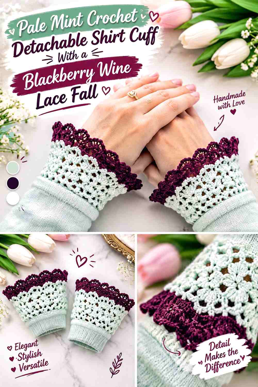 Pale Mint Crochet Detachable Shirt Cuff With a Blackberry Wine Lace Fall