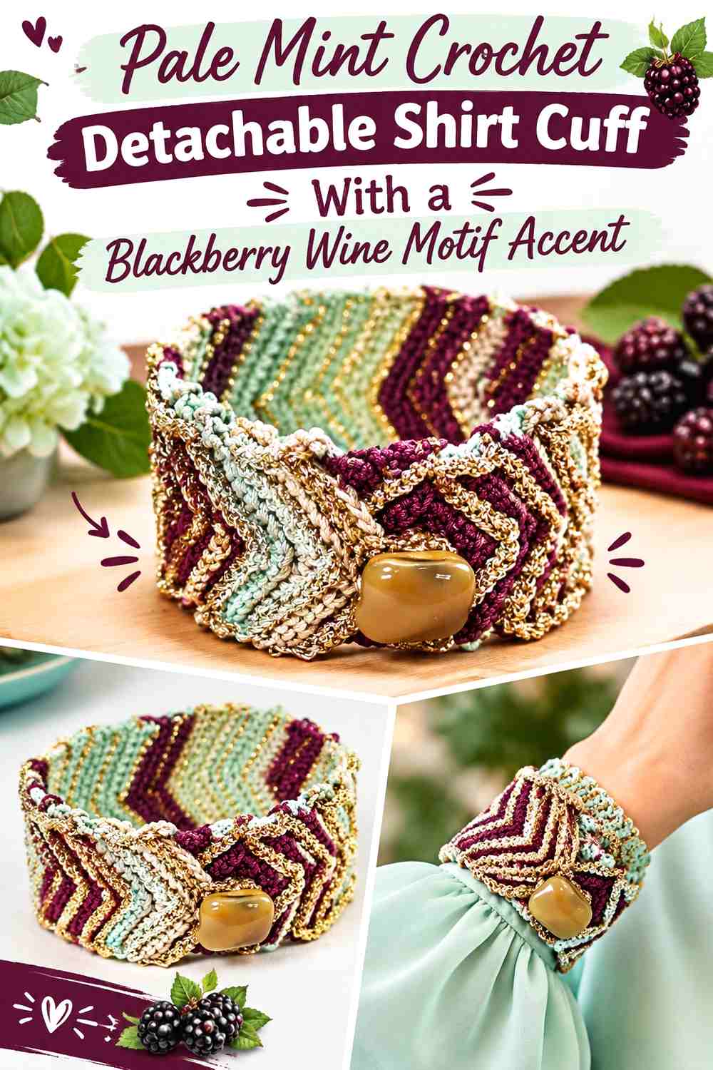 Pale Mint Crochet Detachable Shirt Cuff With a Blackberry Wine Motif Accent