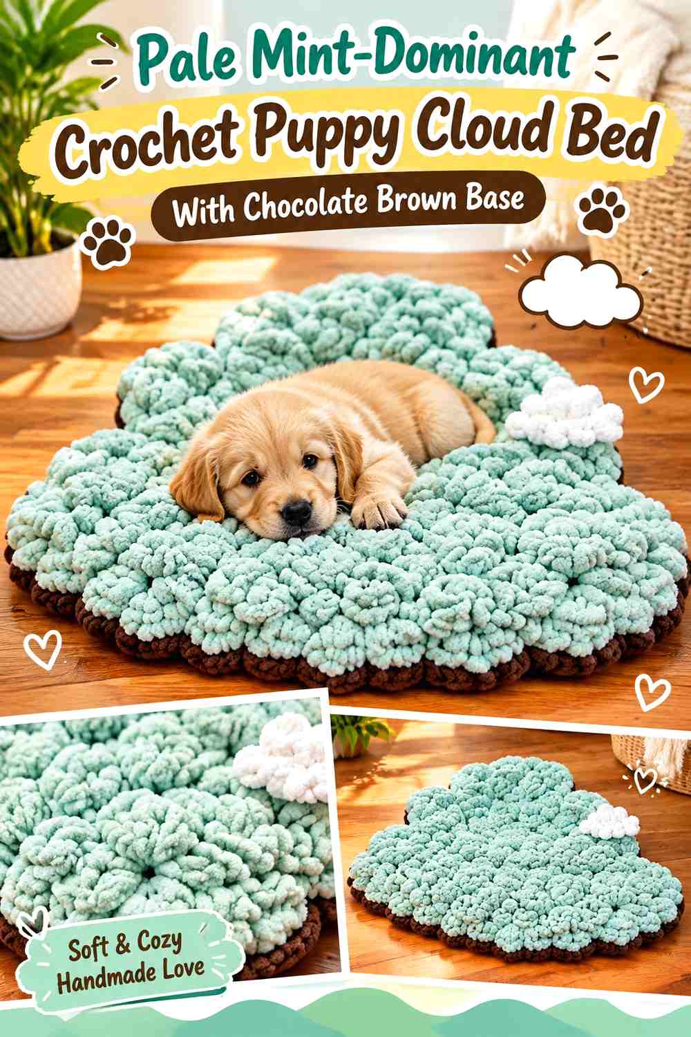Pale Mint-Dominant Crochet Puppy Cloud Bed With Chocolate Brown Base