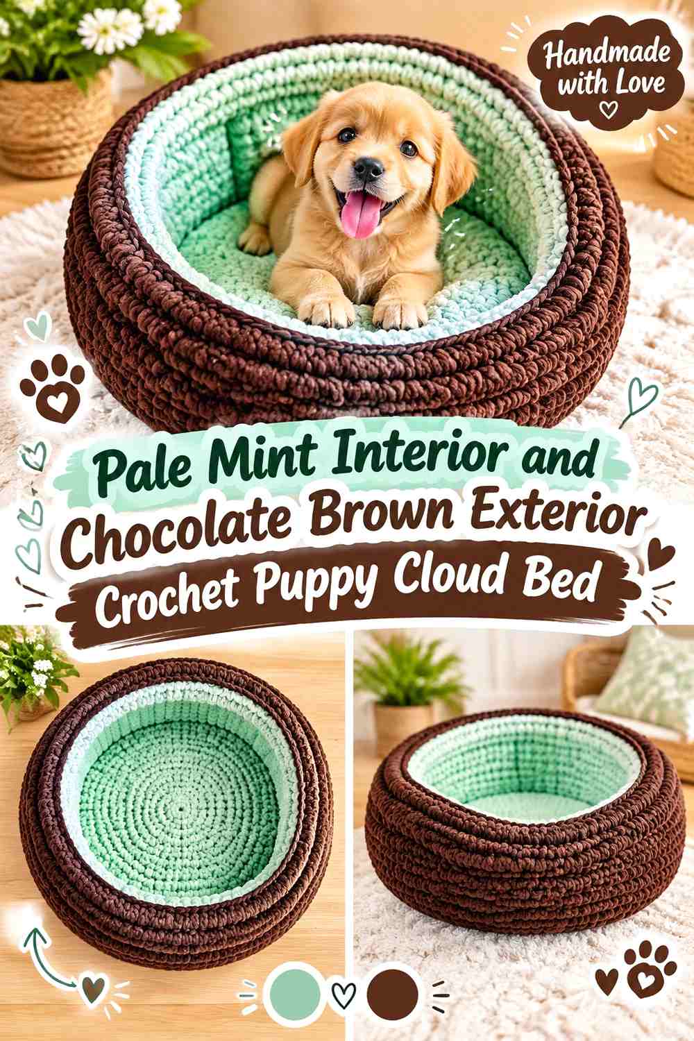 Pale Mint Interior and Chocolate Brown Exterior Crochet Puppy Cloud Bed