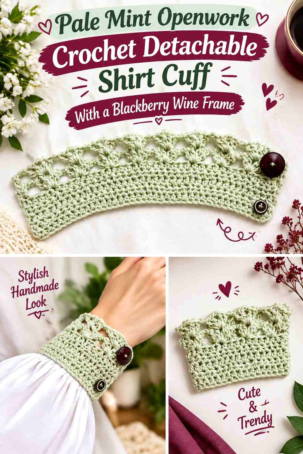 Pale Mint Openwork Crochet Detachable Shirt Cuff With a Blackberry Wine Frame