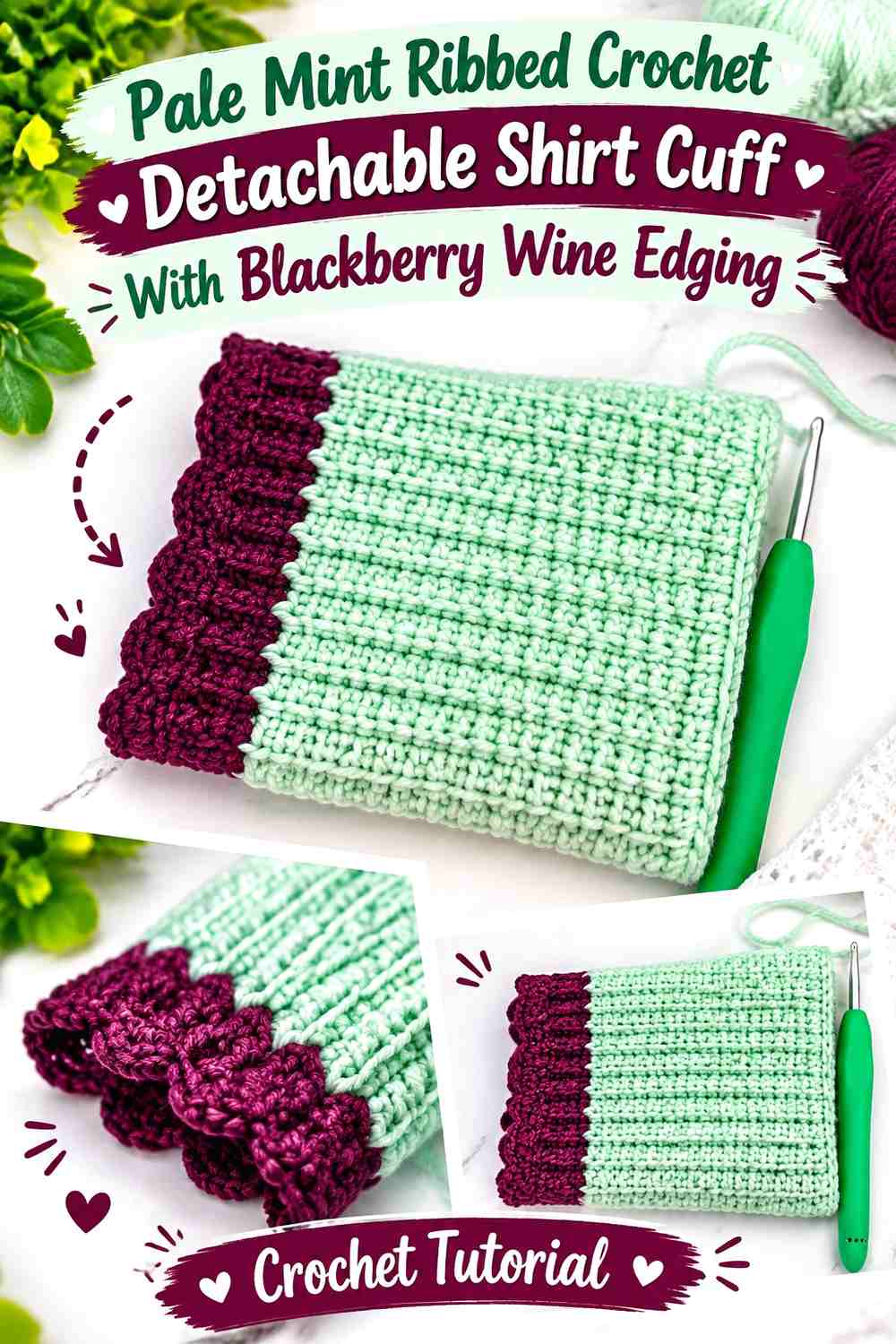 Pale Mint Ribbed Crochet Detachable Shirt Cuff With Blackberry Wine Edging