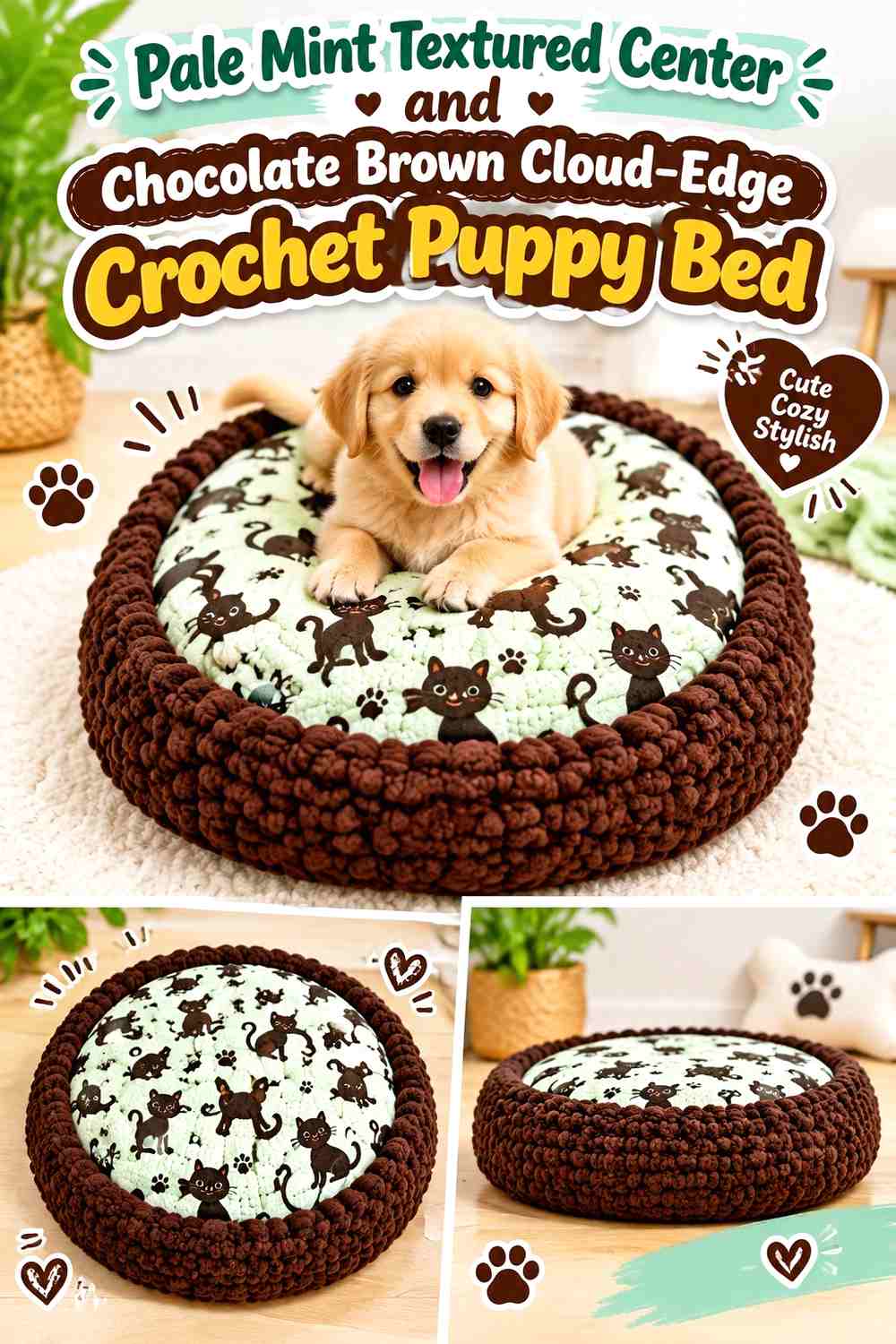 Pale Mint Textured Center and Chocolate Brown Cloud-Edge Crochet Puppy Bed