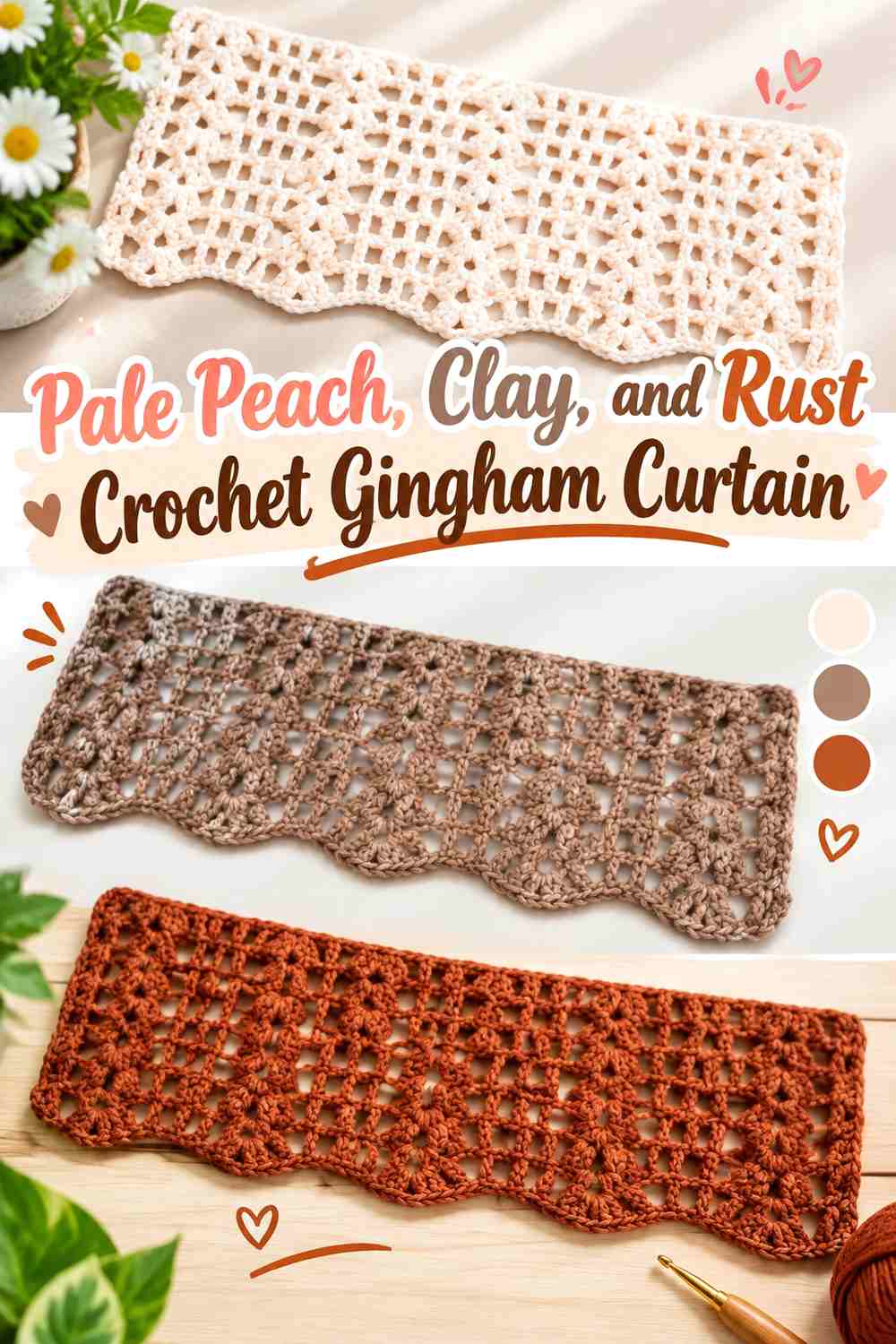 Pale Peach, Clay, and Rust Crochet Gingham Curtain
