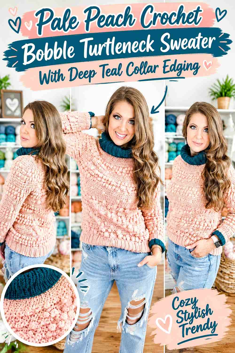 Pale Peach Crochet Bobble Turtleneck Sweater With Deep Teal Collar Edging