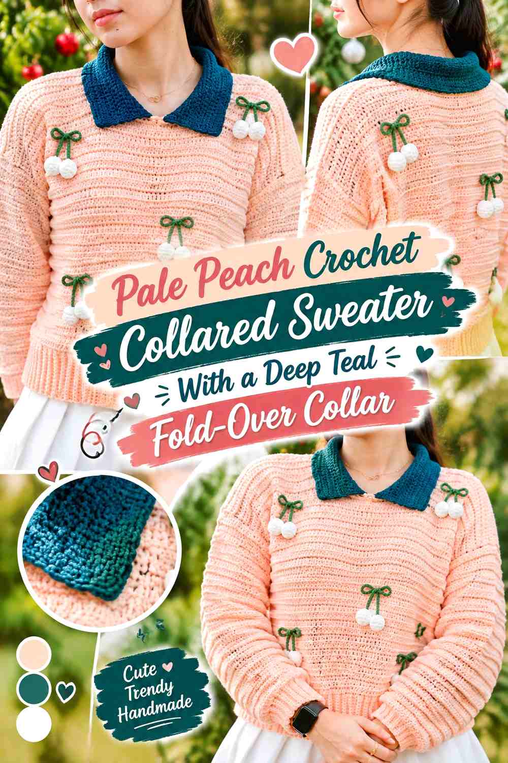 Pale Peach Crochet Collared Sweater With a Deep Teal Fold-Over Collar