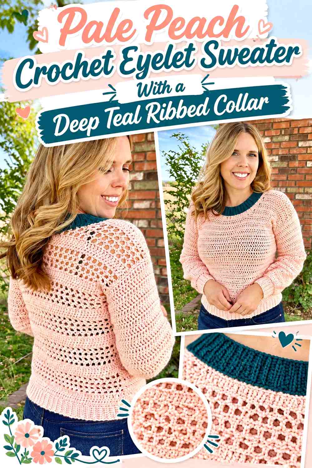 Pale Peach Crochet Eyelet Sweater With a Deep Teal Ribbed Collar