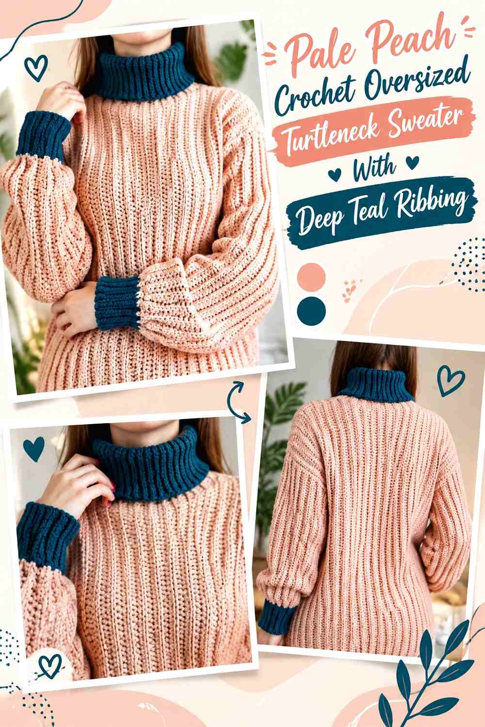 Pale Peach Crochet Oversized Turtleneck Sweater With Deep Teal Ribbing