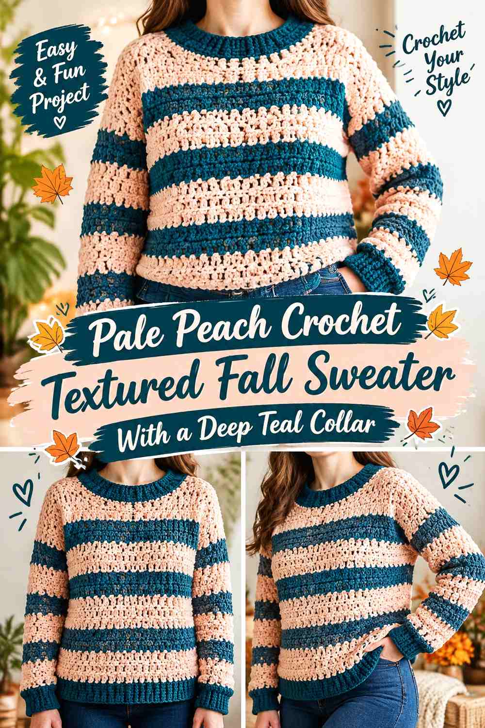 Pale Peach Crochet Textured Fall Sweater With a Deep Teal Collar