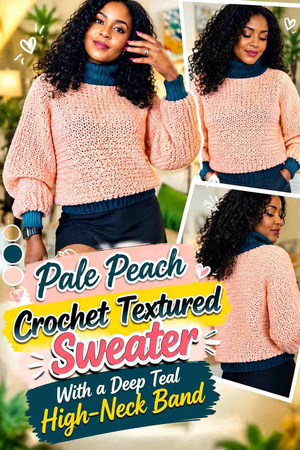 Pale Peach Crochet Textured Sweater With a Deep Teal High-Neck Band