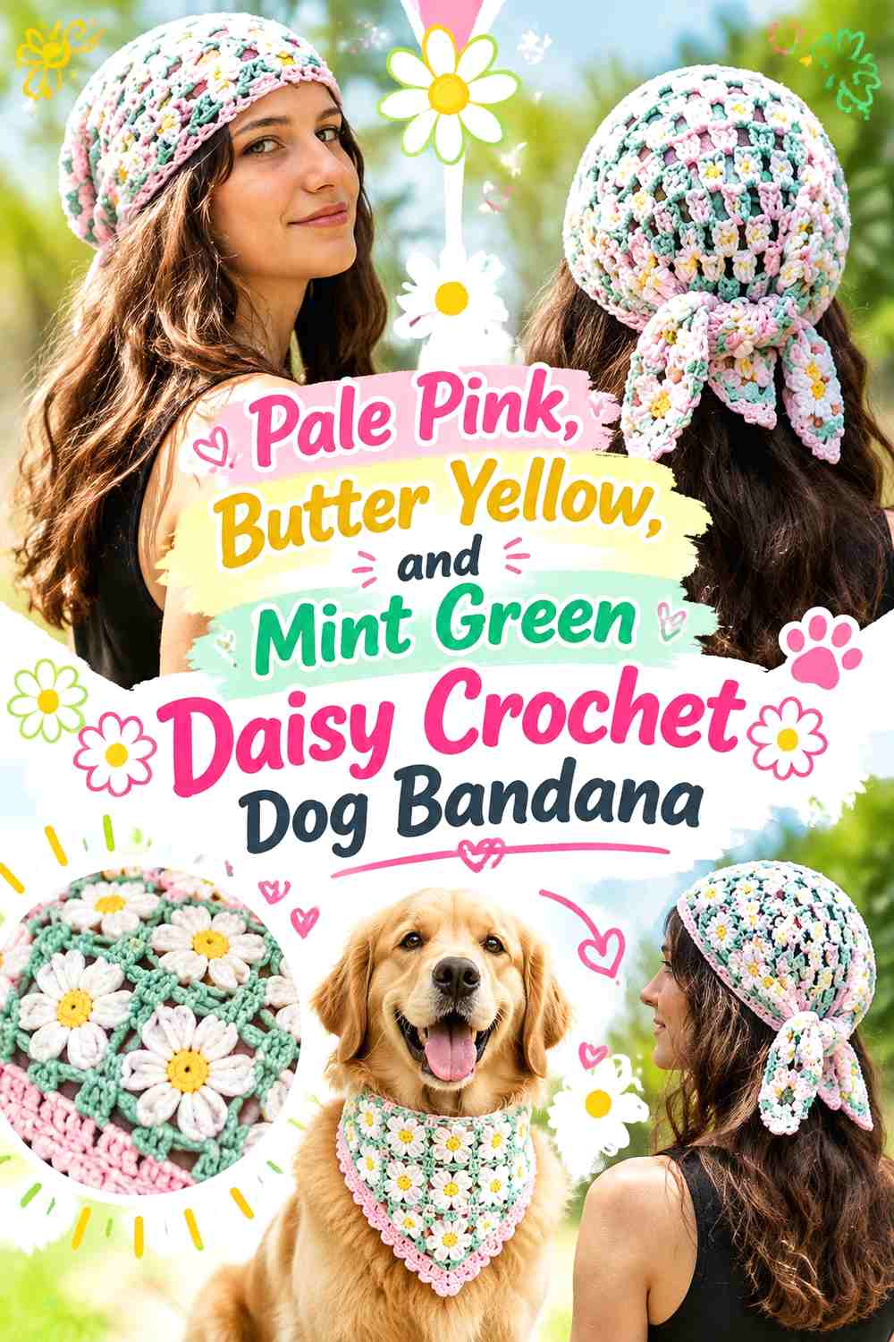 Pale Pink, Butter Yellow, and Mint Green Daisy Crochet Dog Bandana
