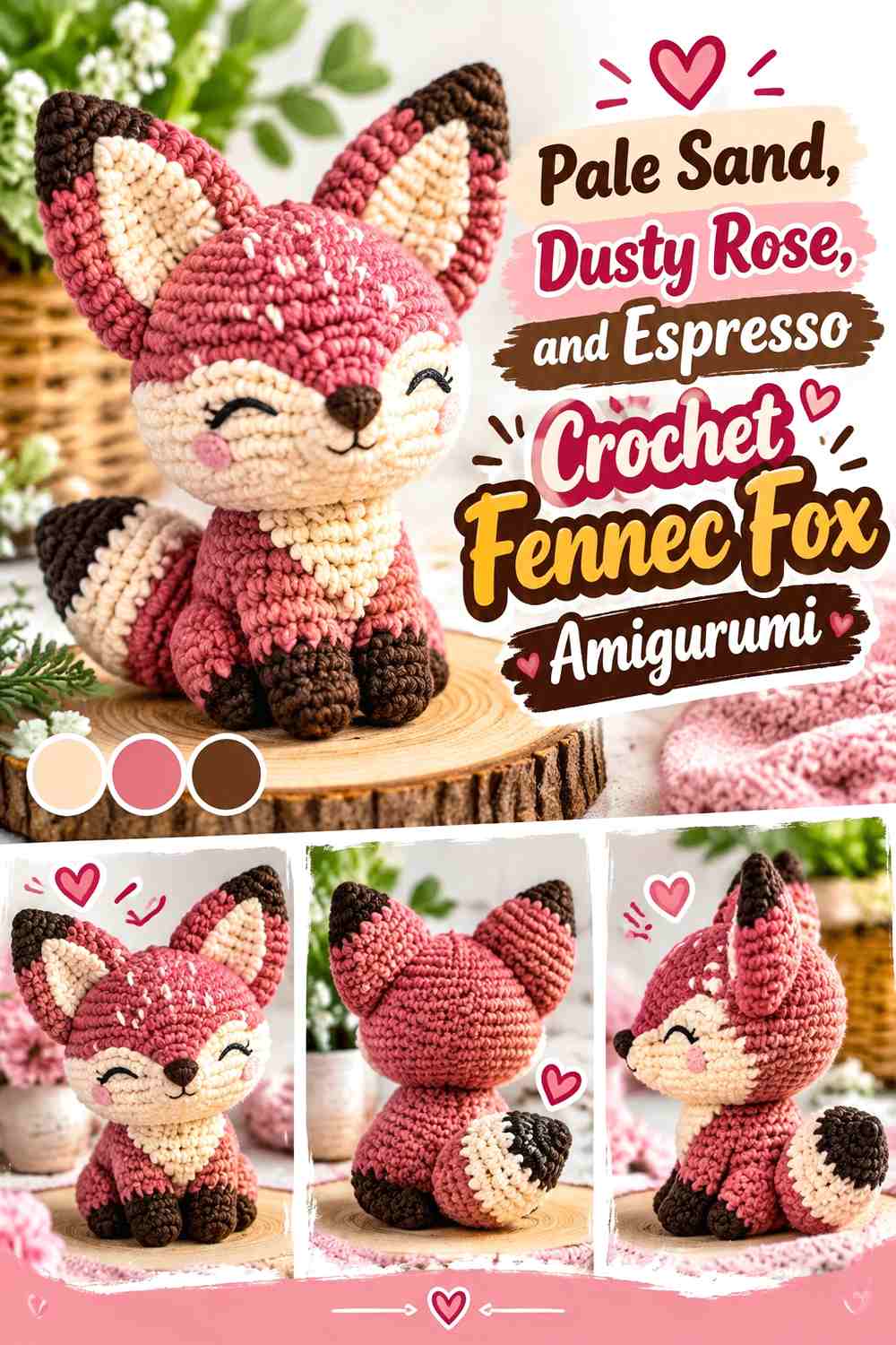 Pale Sand, Dusty Rose, and Espresso Crochet Fennec Fox Amigurumi