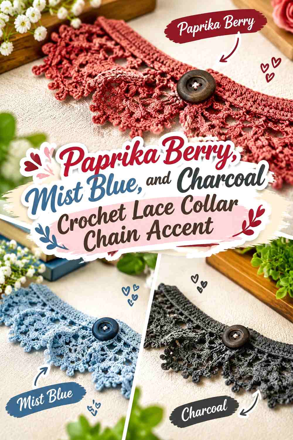 Paprika Berry, Mist Blue, and Charcoal Crochet Lace Collar Chain Accent