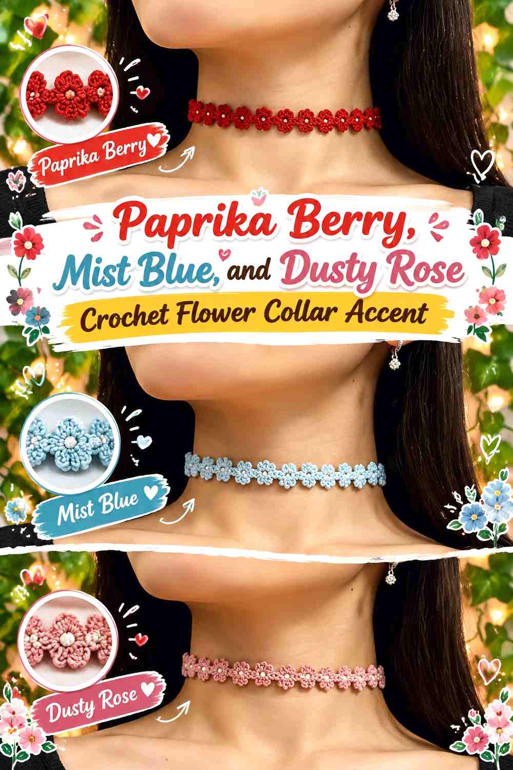 Paprika Berry, Mist Blue, and Dusty Rose Crochet Flower Collar Accent