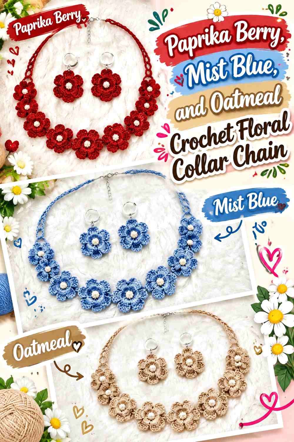 Paprika Berry, Mist Blue, and Oatmeal Crochet Floral Collar Chain