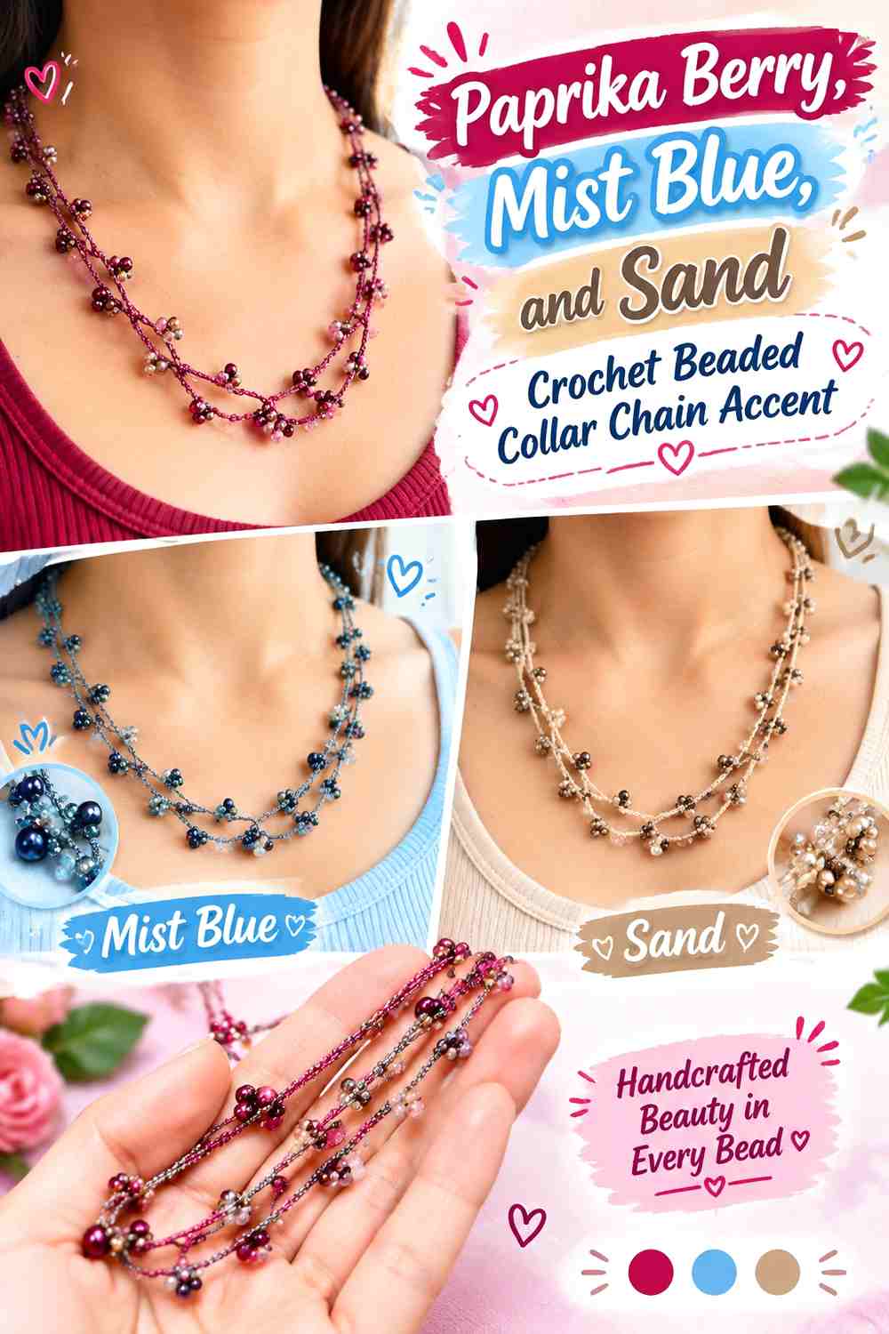 Paprika Berry, Mist Blue, and Sand Crochet Beaded Collar Chain Accent
