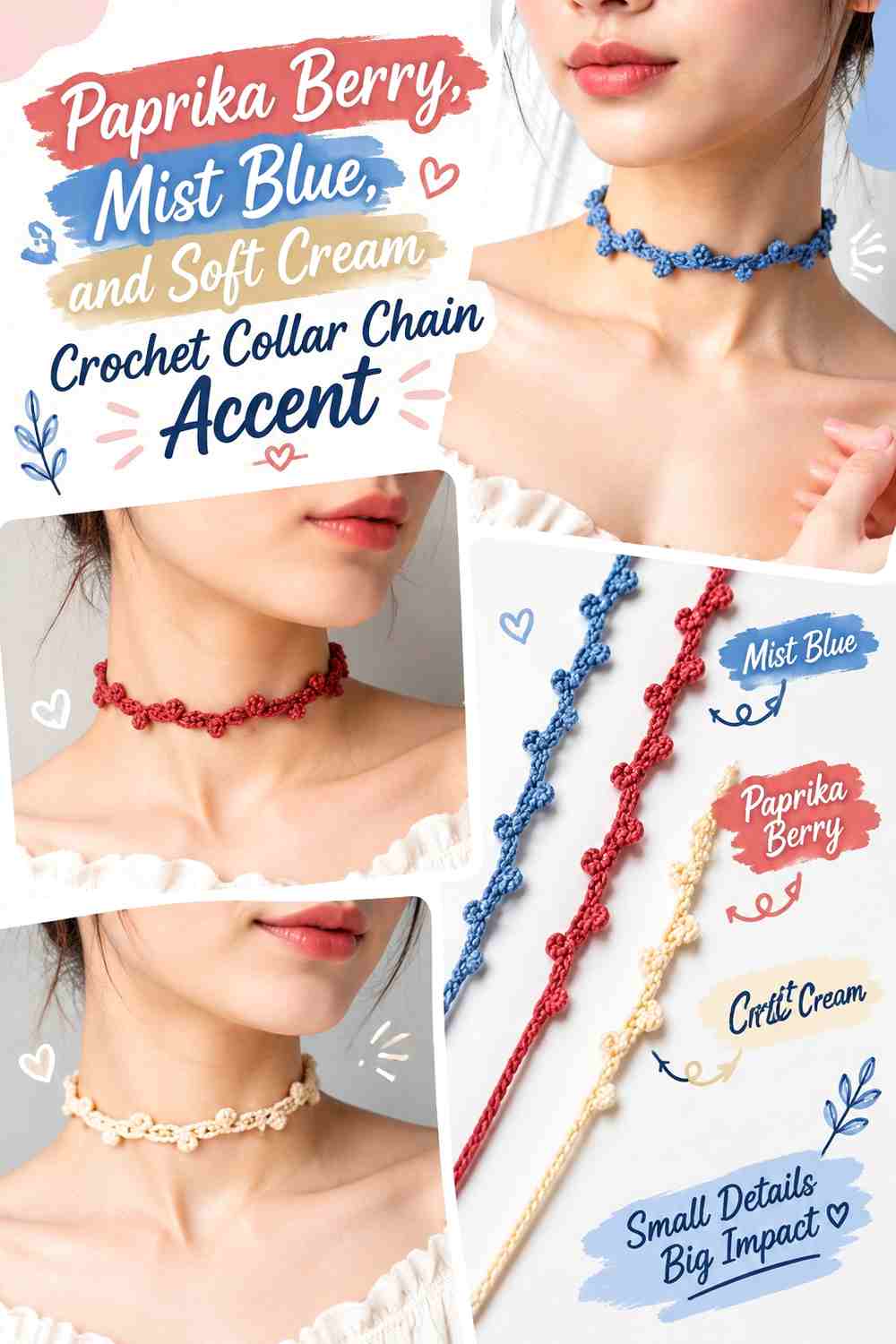 Paprika Berry, Mist Blue, and Soft Cream Crochet Collar Chain Accent