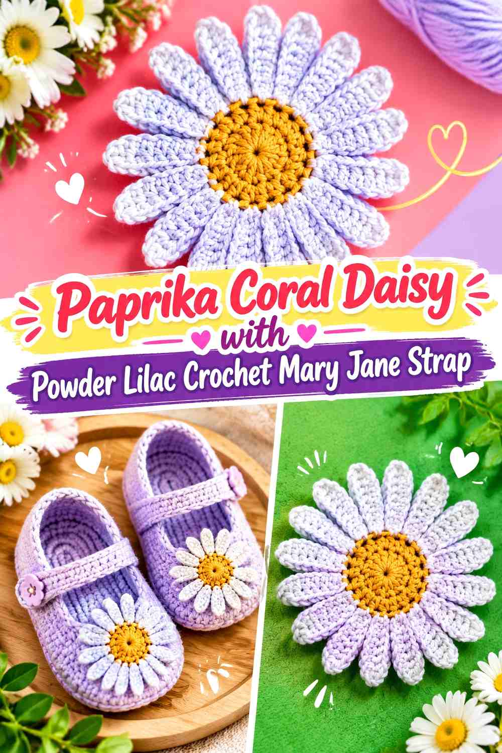 Paprika Coral Daisy with Powder Lilac Crochet Mary Jane Strap