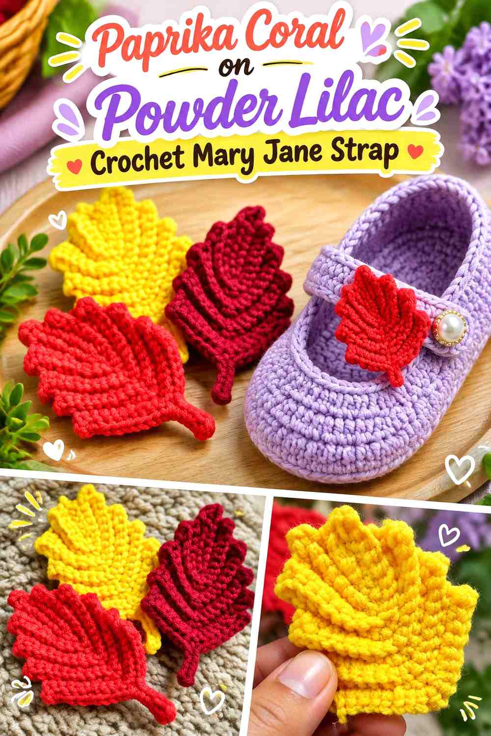 Paprika Coral Leaf Accent on Powder Lilac Crochet Mary Jane Strap