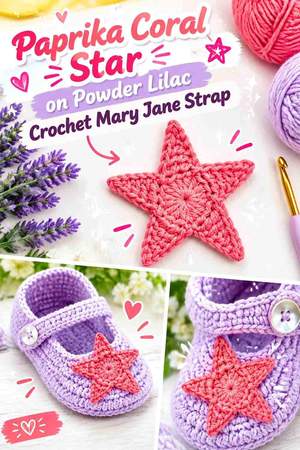 Paprika Coral Star on Powder Lilac Crochet Mary Jane Strap