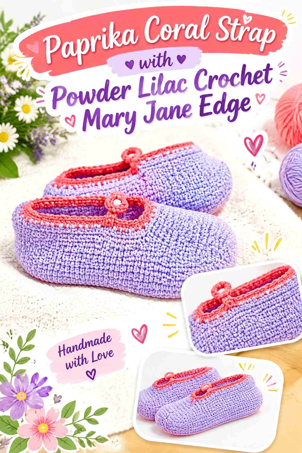 Paprika Coral Strap with Powder Lilac Crochet Mary Jane Edge