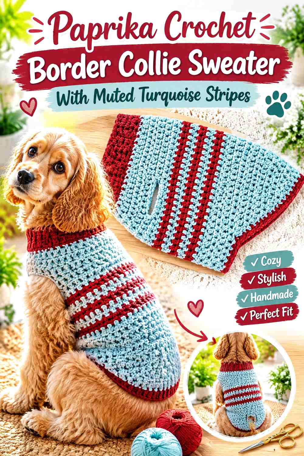 Paprika Crochet Border Collie Sweater With Muted Turquoise Stripes