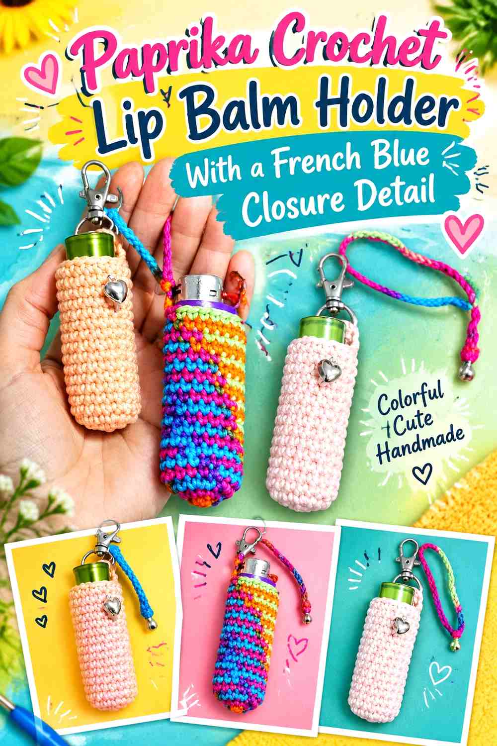 Paprika Crochet Lip Balm Holder With a French Blue Closure Detail