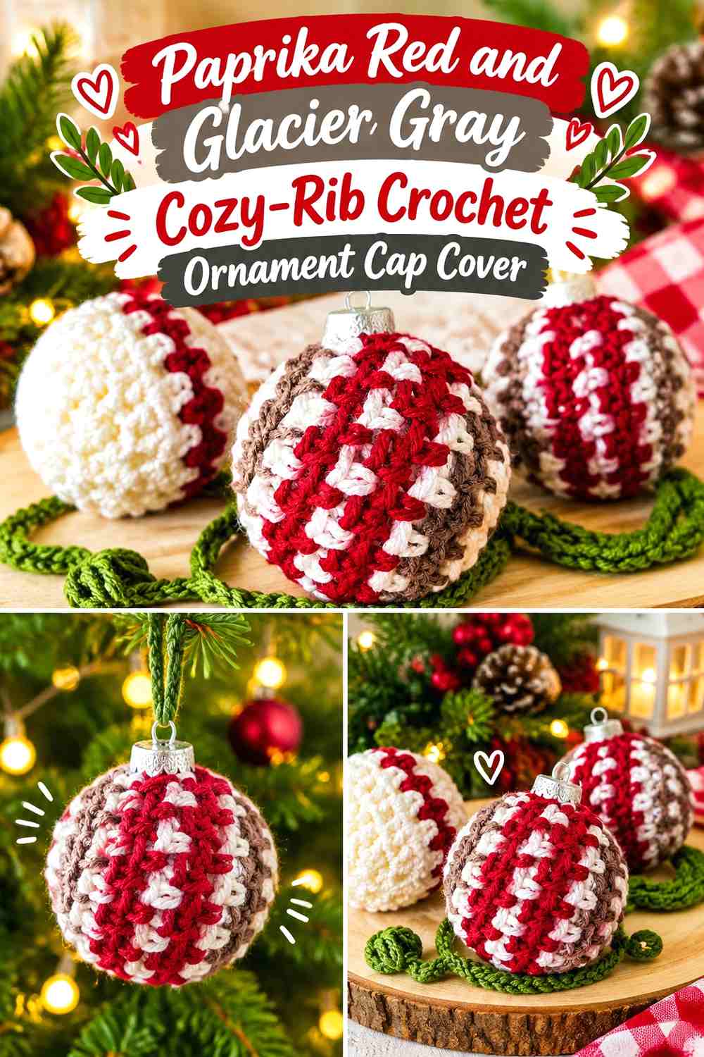 Paprika Red and Glacier Gray Cozy Rib Crochet Ornament Cap Cover