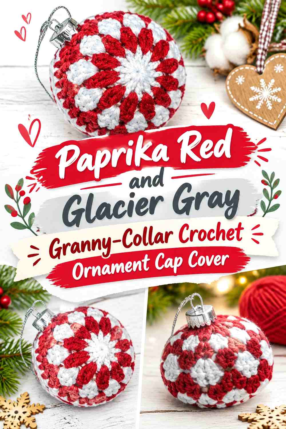 Paprika Red and Glacier Gray Granny Collar Crochet Ornament Cap Cover