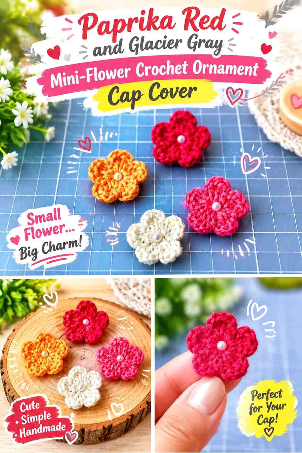 Paprika Red and Glacier Gray Mini Flower Crochet Ornament Cap Cover