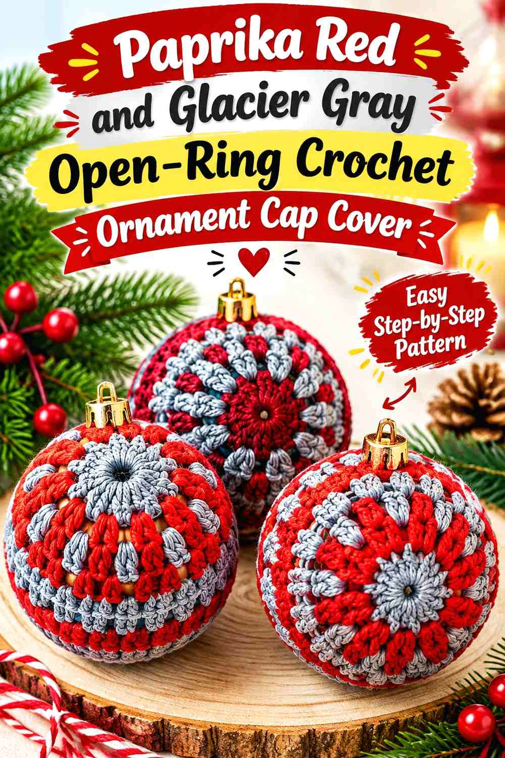 Paprika Red and Glacier Gray Open Ring Crochet Ornament Cap Cover