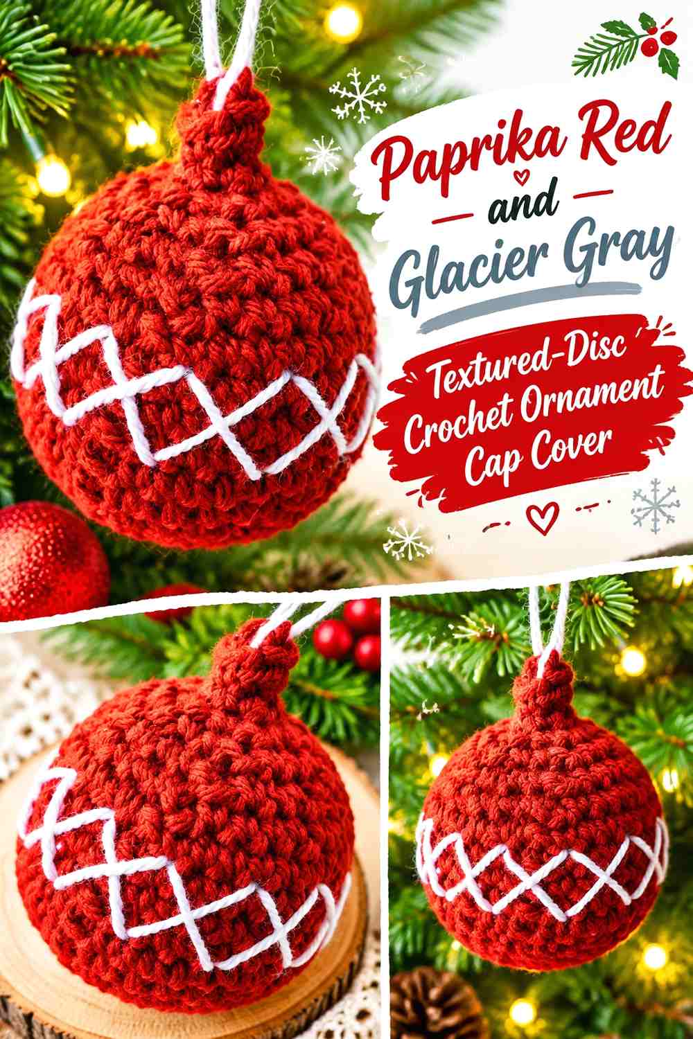 Paprika Red and Glacier Gray Textured Disc Crochet Ornament Cap Cover