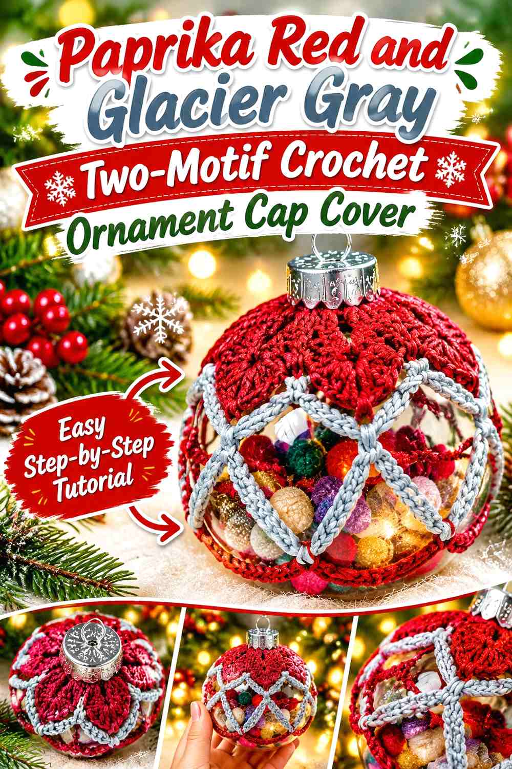 Paprika Red and Glacier Gray Two Motif Crochet Ornament Cap Cover