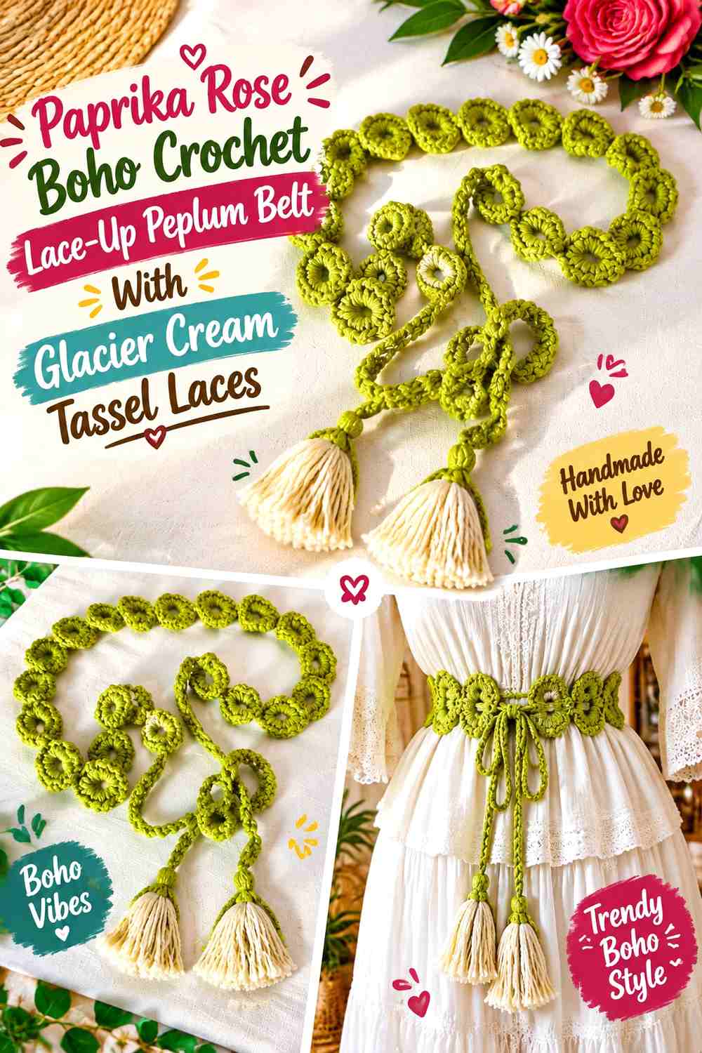 Paprika Rose Boho Crochet Lace-Up Peplum Belt With Glacier Cream Tassel Laces