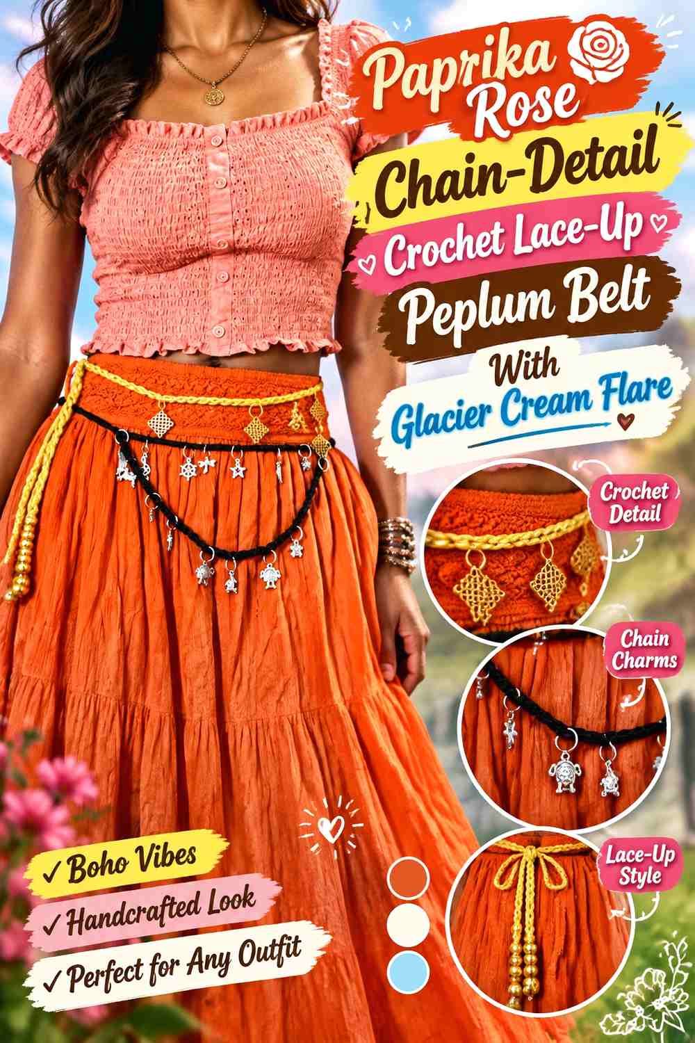 Paprika Rose Chain-Detail Crochet Lace-Up Peplum Belt With Glacier Cream Flare