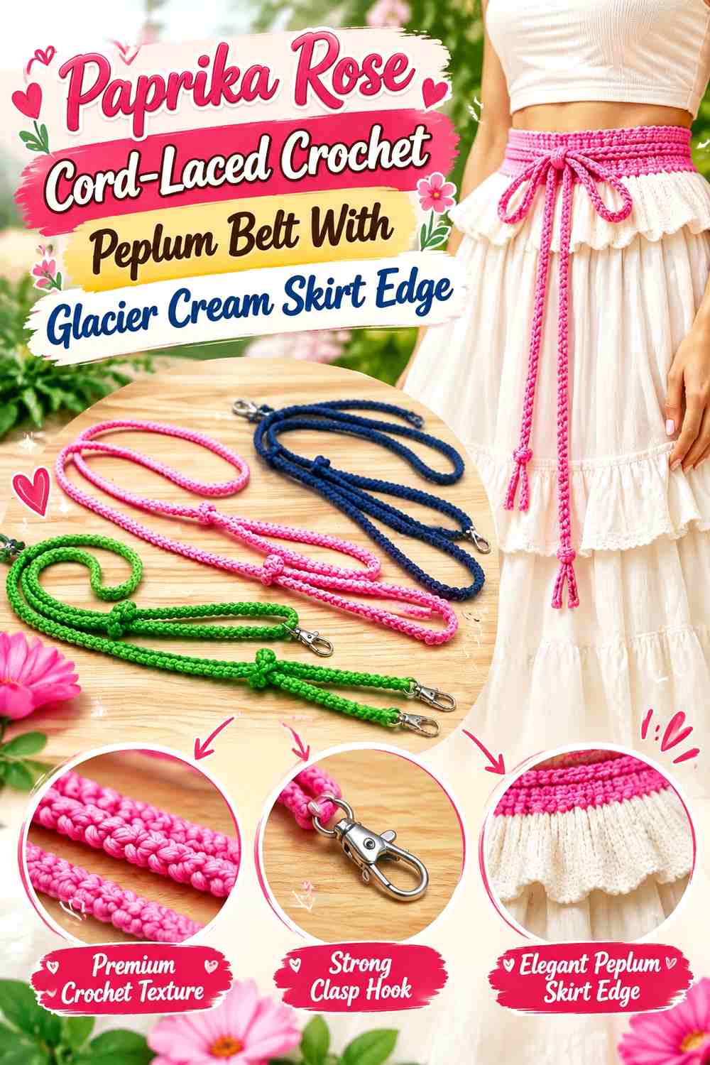 Paprika Rose Cord-Laced Crochet Peplum Belt With Glacier Cream Skirt Edge