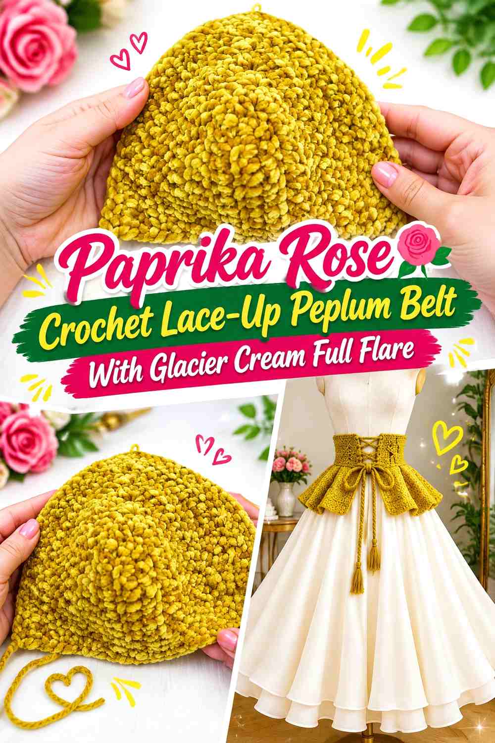 Paprika Rose Crochet Lace-Up Peplum Belt With Glacier Cream Full Flare