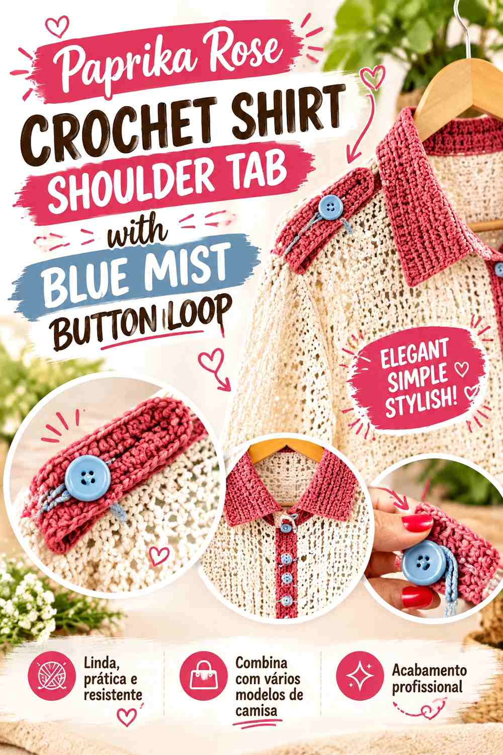 Paprika Rose Crochet Shirt Shoulder Tab with Blue Mist Button Loop