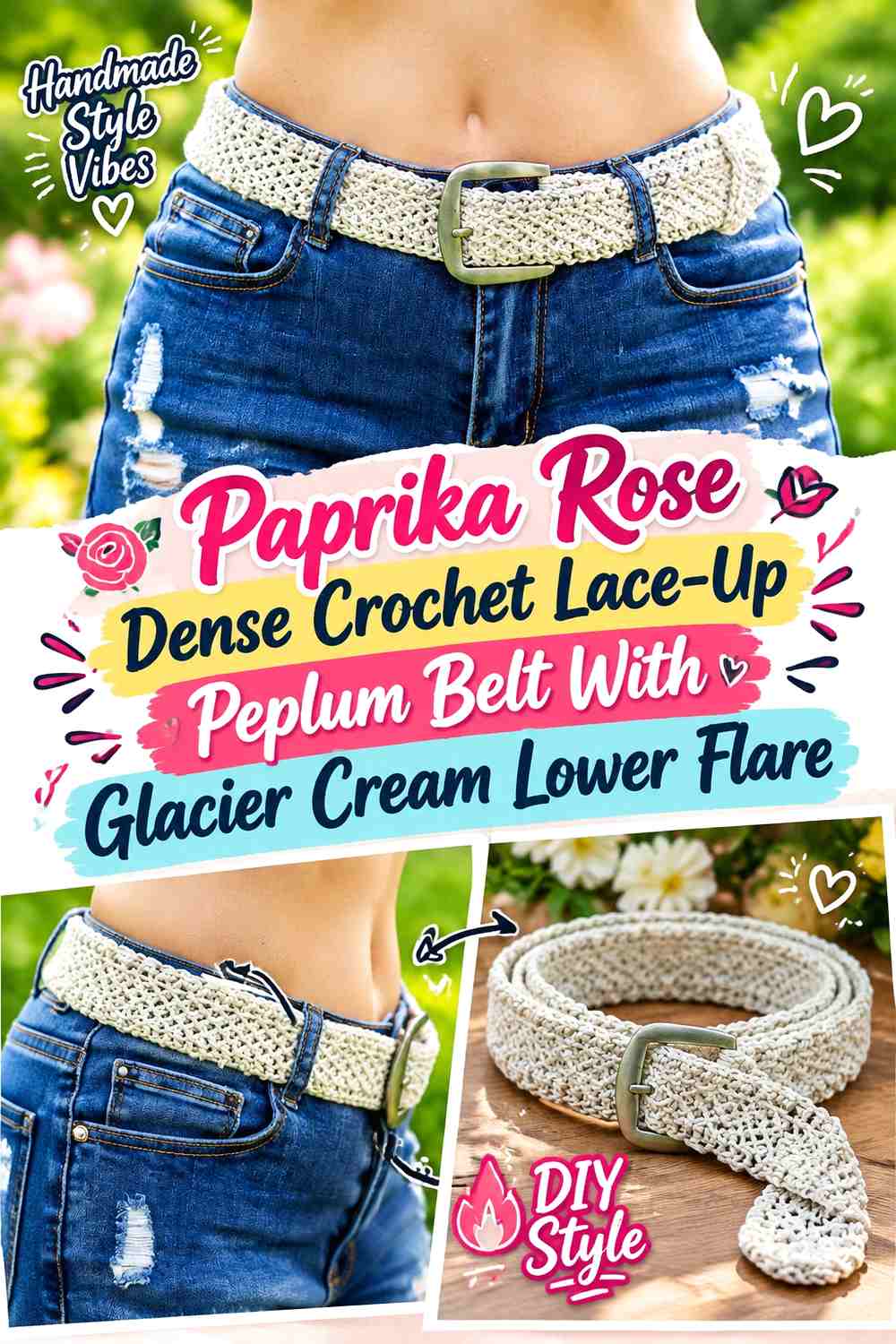 Paprika Rose Dense Crochet Lace-Up Peplum Belt With Glacier Cream Lower Flare
