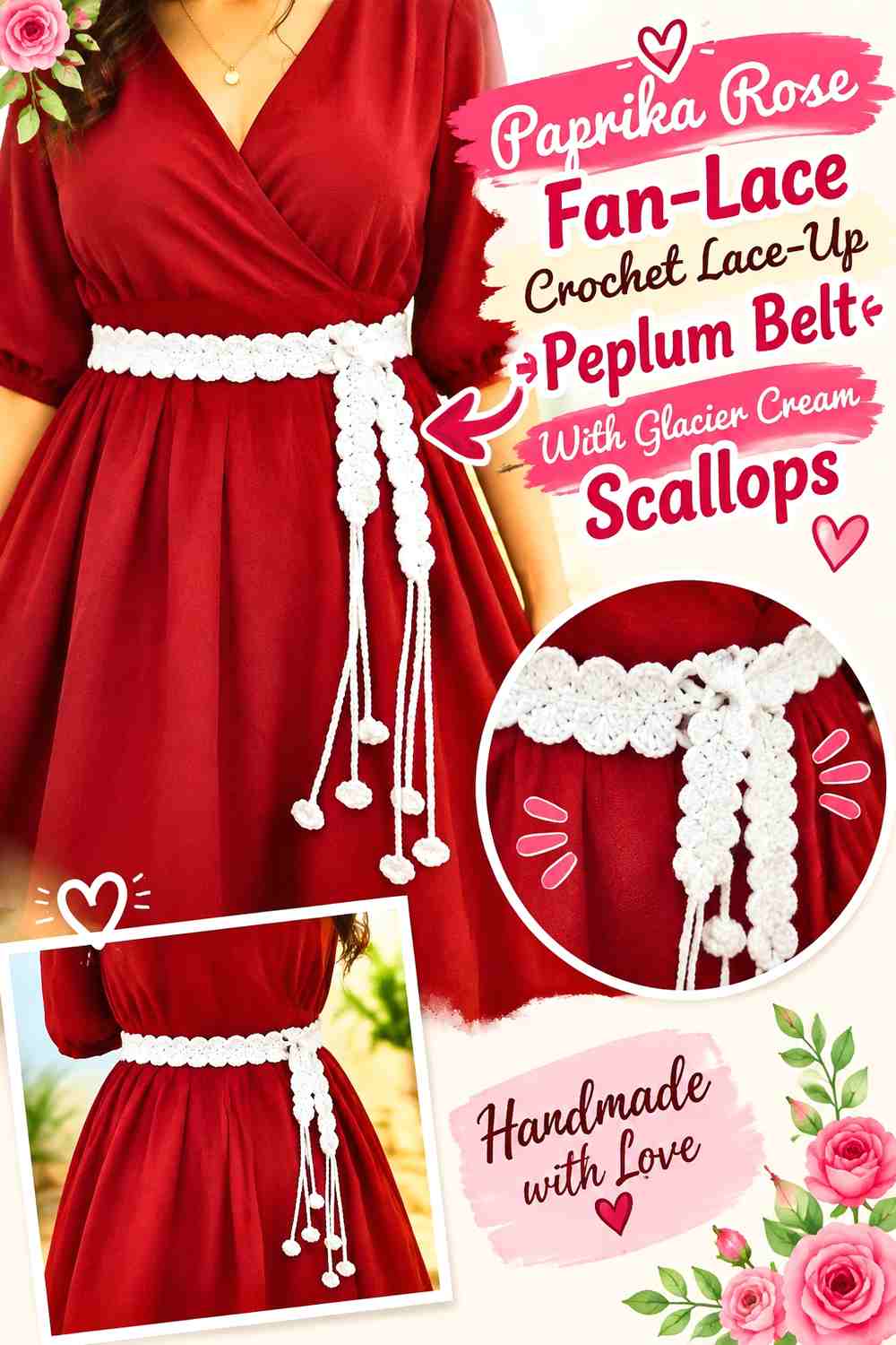 Paprika Rose Fan-Lace Crochet Lace-Up Peplum Belt With Glacier Cream Scallops